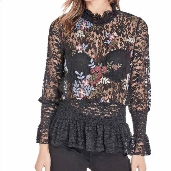 Guess Jovana Embroidered Lace Top Black Small - Picture 1 of 8